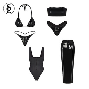 Custom Faux Leather Swimwear Shiny Sexy Swimsuit Glitter String  Active Two-pieces Metallic Bikinis Sets Faux Leather Bikinis