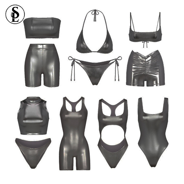 Custom Faux Leather Swimwear Shiny Sexy Swimsuit Glitter String  Active Two-pieces Metallic Bikinis Sets Faux Leather Bikinis