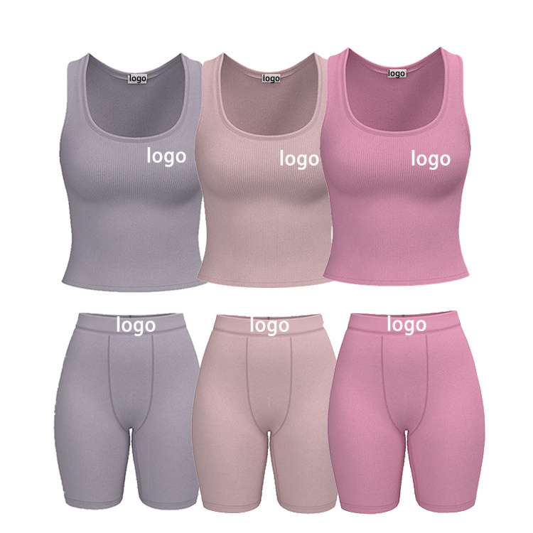 Custom Logo Women Clothing Tank Tops 2 pc Sets Cotton Ribbed Casual Loungewear For Wholesale Two Pieces Women's Sets