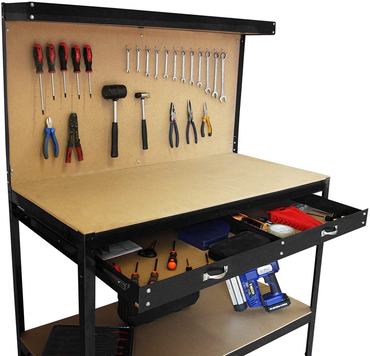 Garage Workbench With Pegboard Drawer Heavy Duty Bench Steel Tool Storage Station Unit With Shelves FREE 40 Hooks DIY Workshop