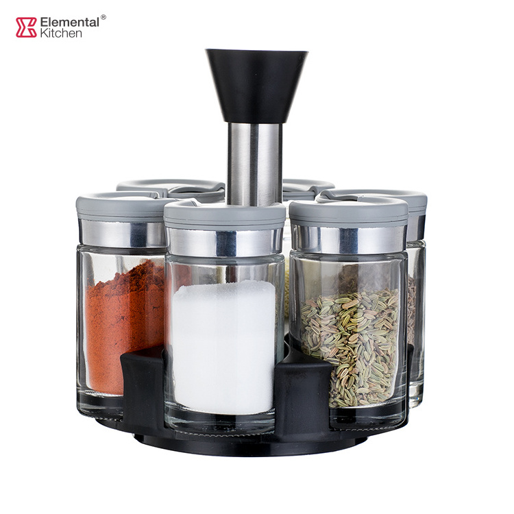 Wholesale 6 Glass Jars bottle seasoning Spice carousel condiments containers Rack Set with labels packaging