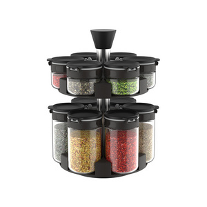 2-Tier Eco-Friendly Countertop Spice Rack 360 Rotating with 200ml Glass Seasoning Storage Jar for Salt Pepper Shaker