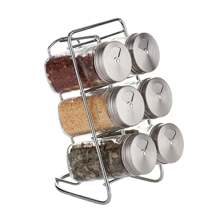 6 Jar Glass Metal Lid Spice Rack Set, Spice Bottle, Spice Rack Organizer