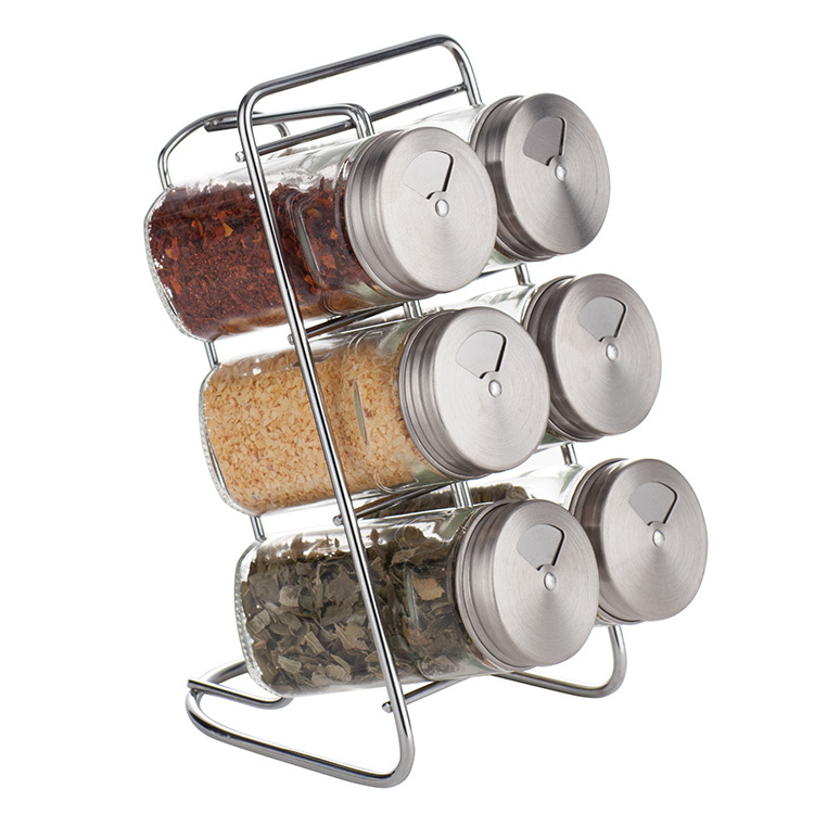 High quality popular twist glass jars spice rack set with stainless steel lid