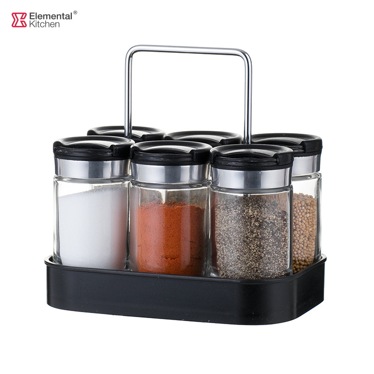 Wholesale 6 Glass Jars bottle seasoning Spice carousel condiments containers Rack Set with labels packaging