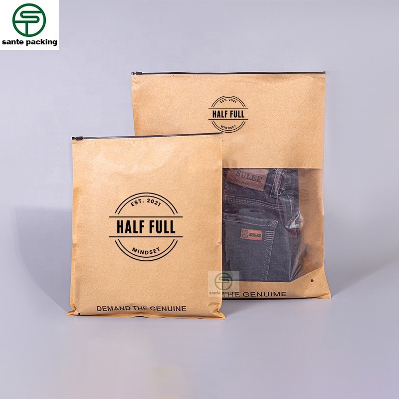 Zip Seal T-Shirt Packaging Kraft Paper Bag With Zipper And Window For Hoodies Sweatshirts & Baby Socks Packing