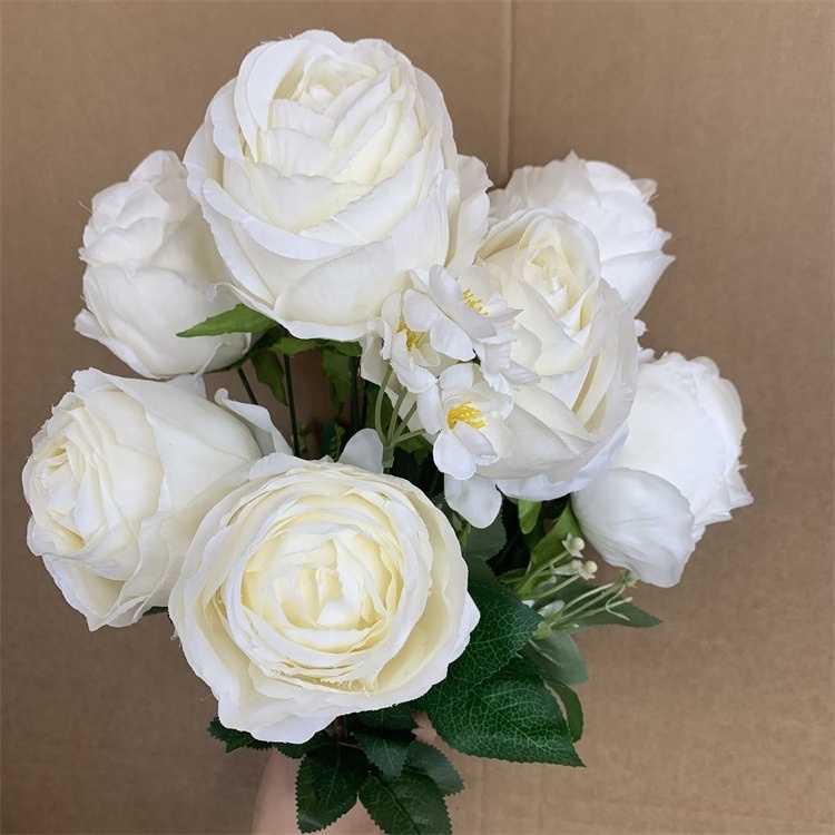 L-168 New European Style 13heads White Artificial Flower Bunch Ivory Roses Flowers With Green Grass