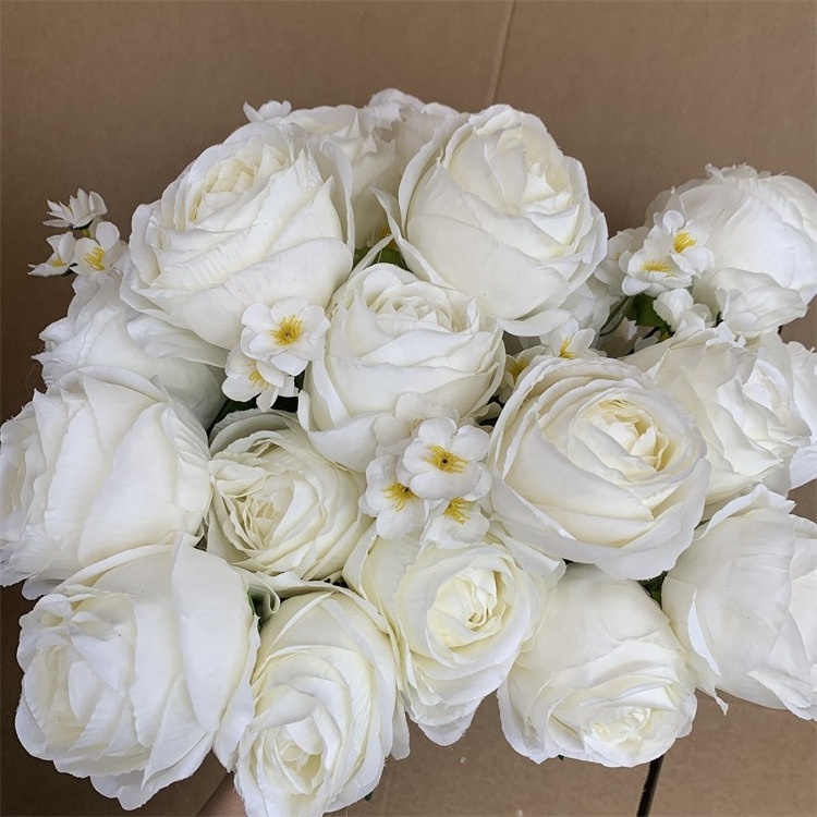 L-168 New European Style 13heads White Artificial Flower Bunch Ivory Roses Flowers With Green Grass