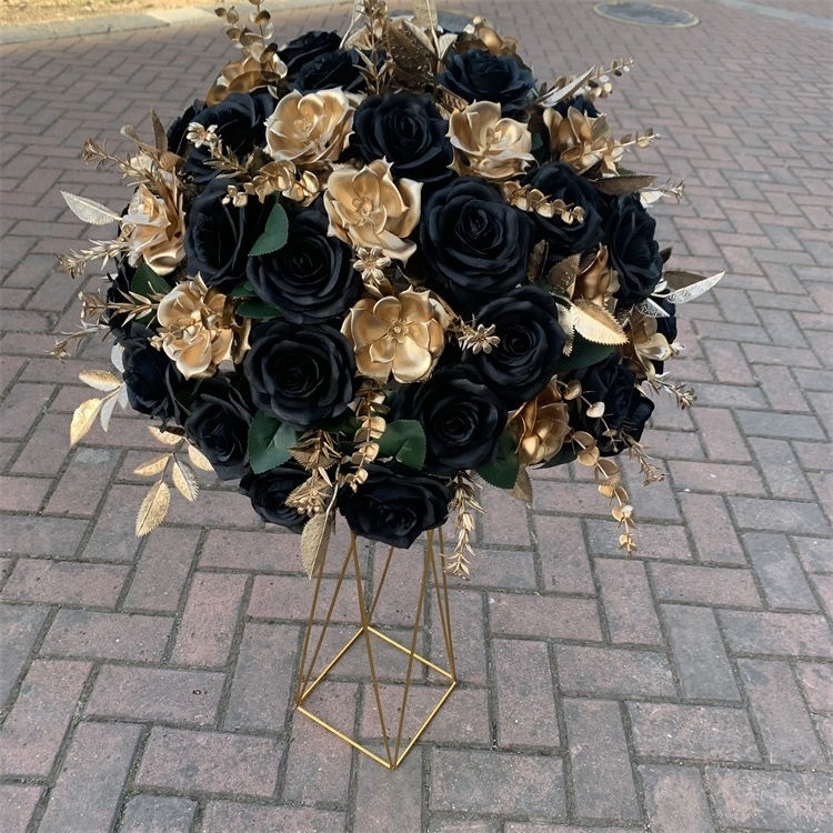 L-351 Customized party decorations black rose flowers artificial flower ball gold centerpieces for wedding table