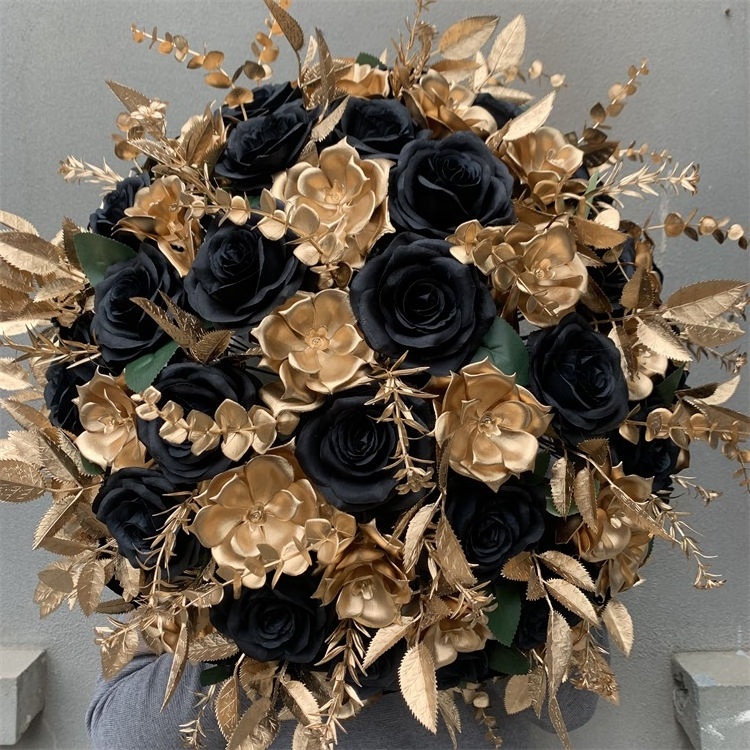 L-351 Customized party decorations black rose flowers artificial flower ball gold centerpieces for wedding table