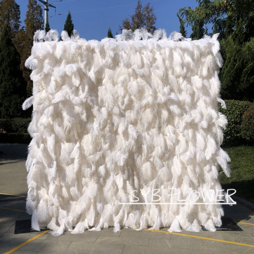 R-164  white feather wall backdrop wedding wall artificial flowers panel roll up cloth back White ostrich feather wall