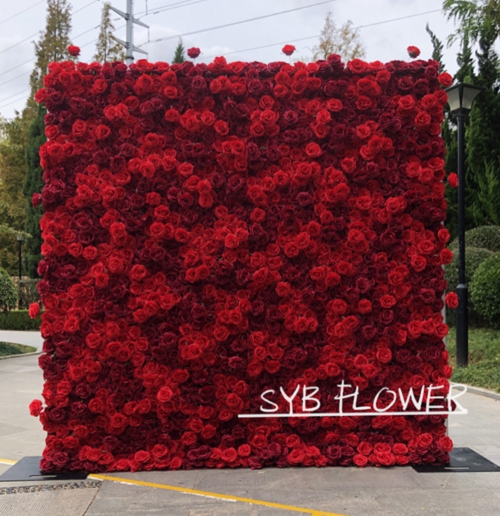 R-165 Wedding Supplier Silk 3D Artificial Flower Wall For Wedding Backdrop Decoration Cloth Back Roll Up Red Rose Flower Wall