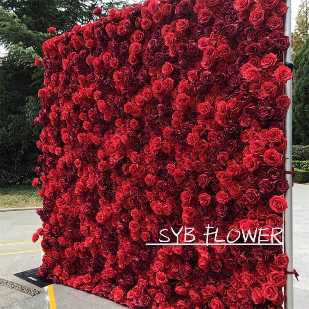 R-165 Wedding Supplier Silk 3D Artificial Flower Wall For Wedding Backdrop Decoration Cloth Back Roll Up Red Rose Flower Wall