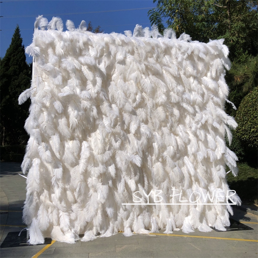 R-164  white feather wall backdrop wedding wall artificial flowers panel roll up cloth back White ostrich feather wall