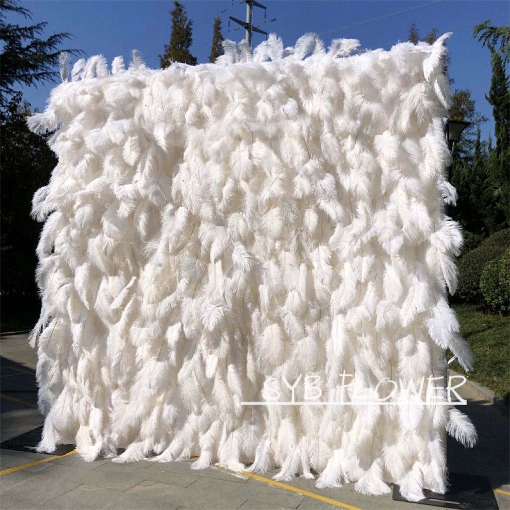 R-164  white feather wall backdrop wedding wall artificial flowers panel roll up cloth back White ostrich feather wall