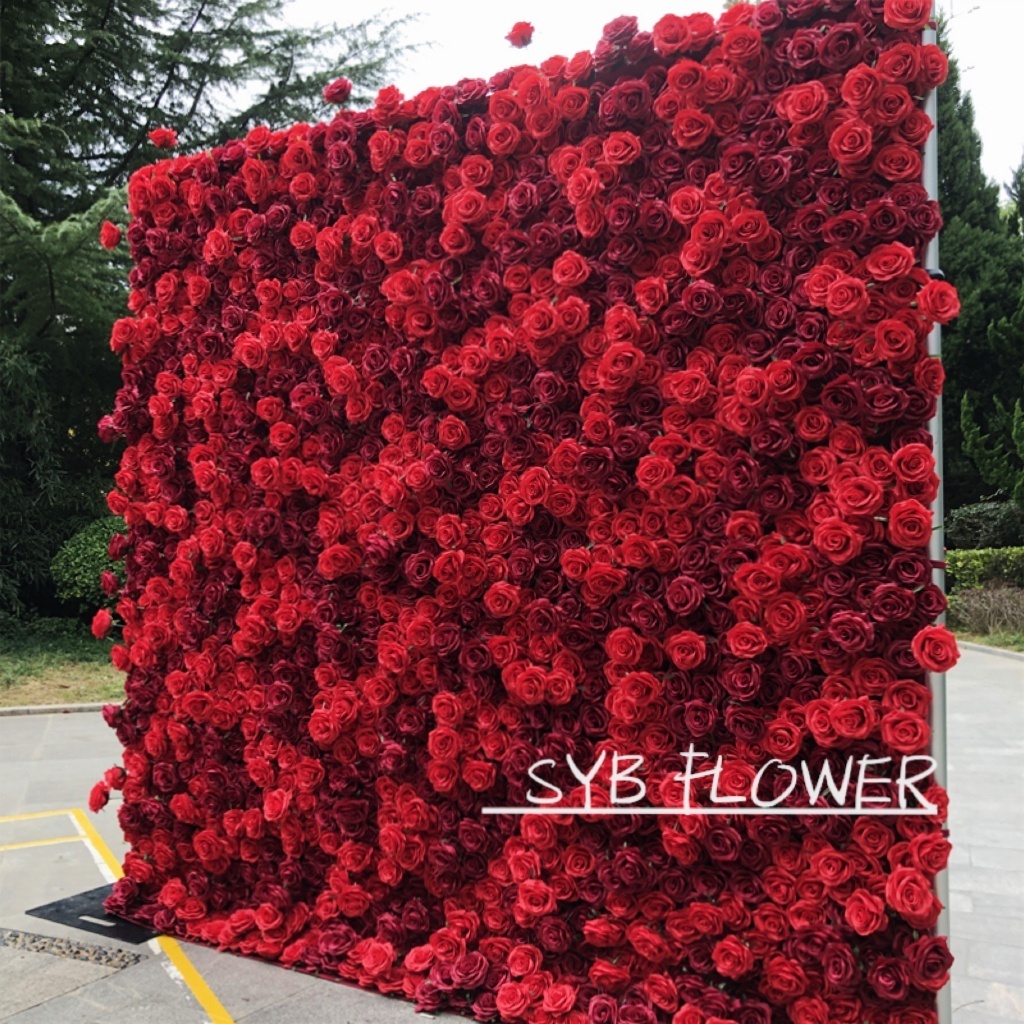 R-165 Wedding Supplier Silk 3D Artificial Flower Wall For Wedding Backdrop Decoration Cloth Back Roll Up Red Rose Flower Wall