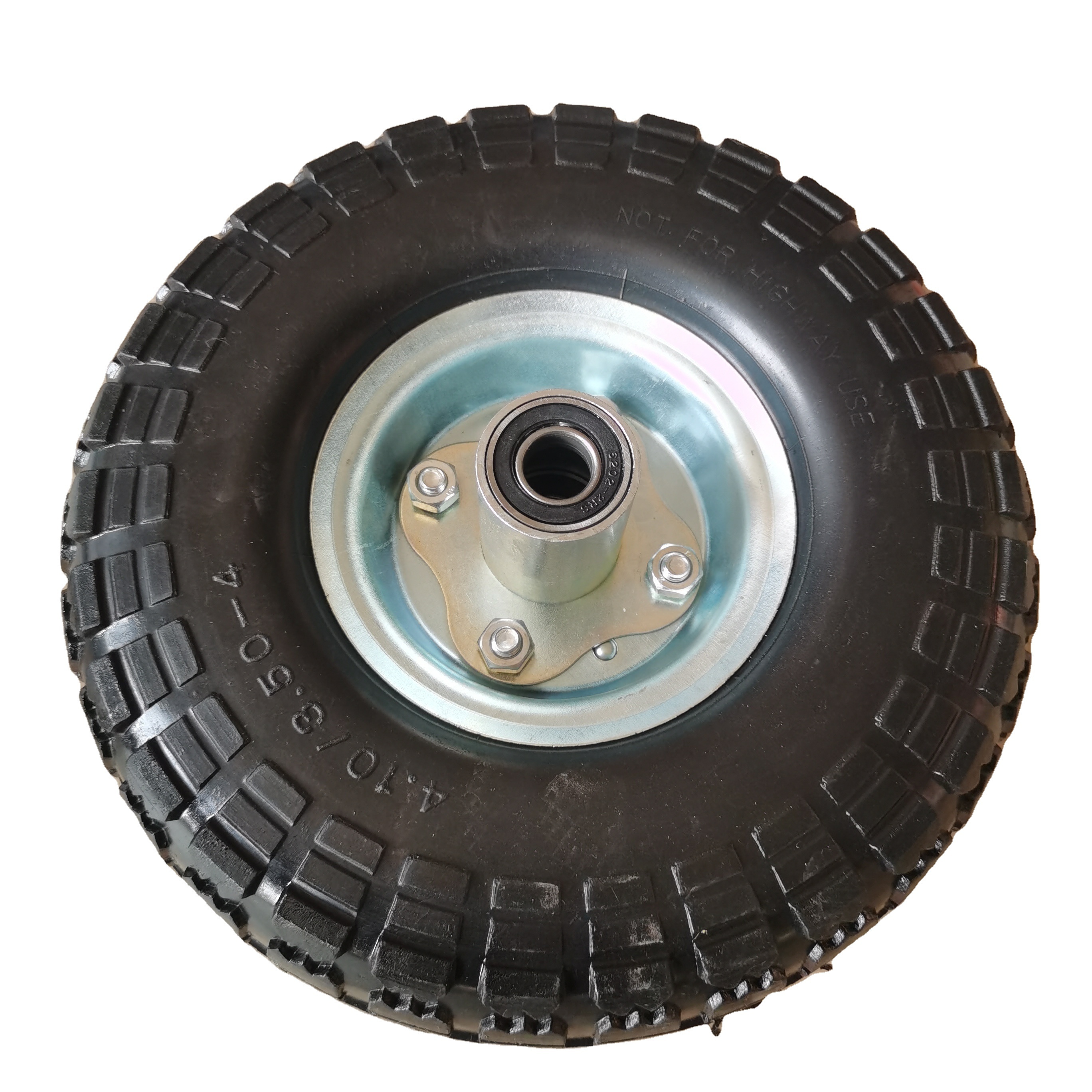 4.10/3.50-4 Tire and Wheel Flat Free 10 Inch Solid PU Tire with 5/8 Axle Bore Hole and ball Bearings for various Cart Tires