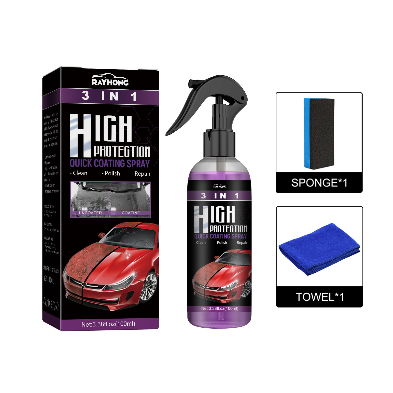 3 in 1 High protection Fast Auto Paint Spray Self action paint change color clean coating spray