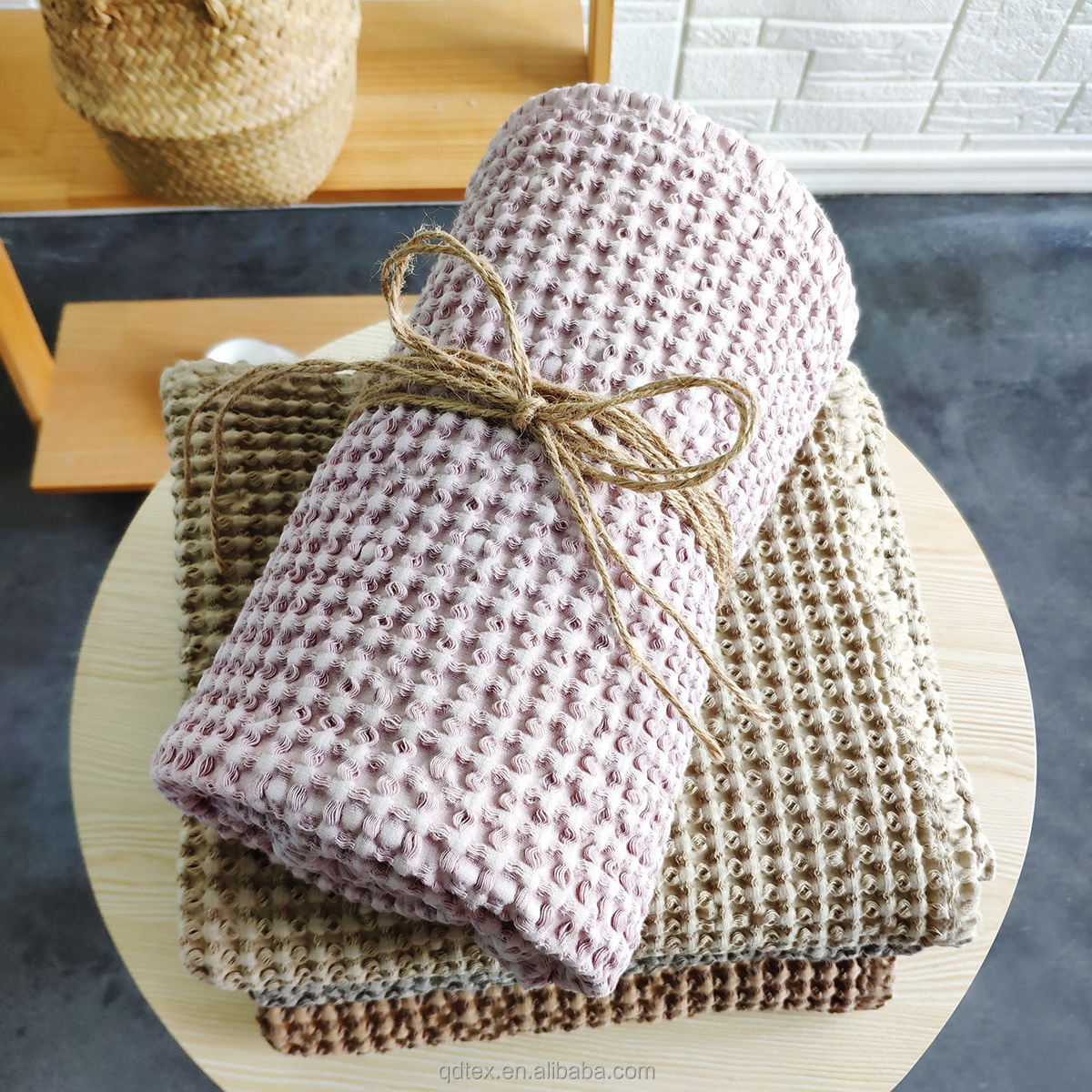 Thicken luxury heavy cotton linen vintage waffle weave wholesale baby blanket bed throw blankets