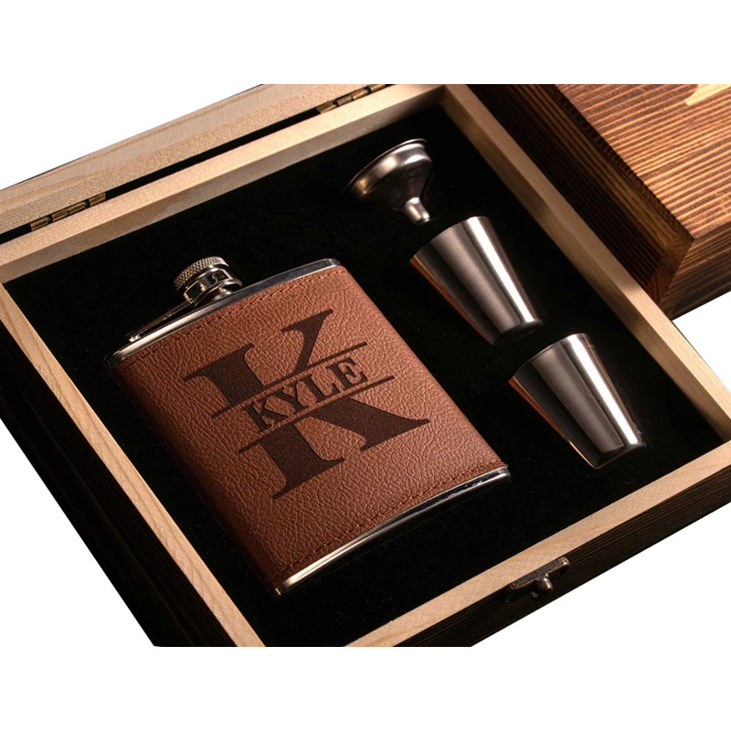 And Funnel Retro 8oz Whiskey Liquor Hip Flask Gift Set Box Stainless Steel in Wooden Leather Men Wedding Metal Wisky Set