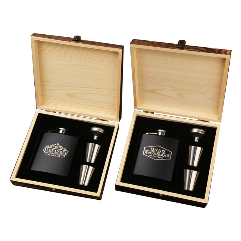 And Funnel Retro 8oz Whiskey Liquor Hip Flask Gift Set Box Stainless Steel in Wooden Leather Men Wedding Metal Wisky Set