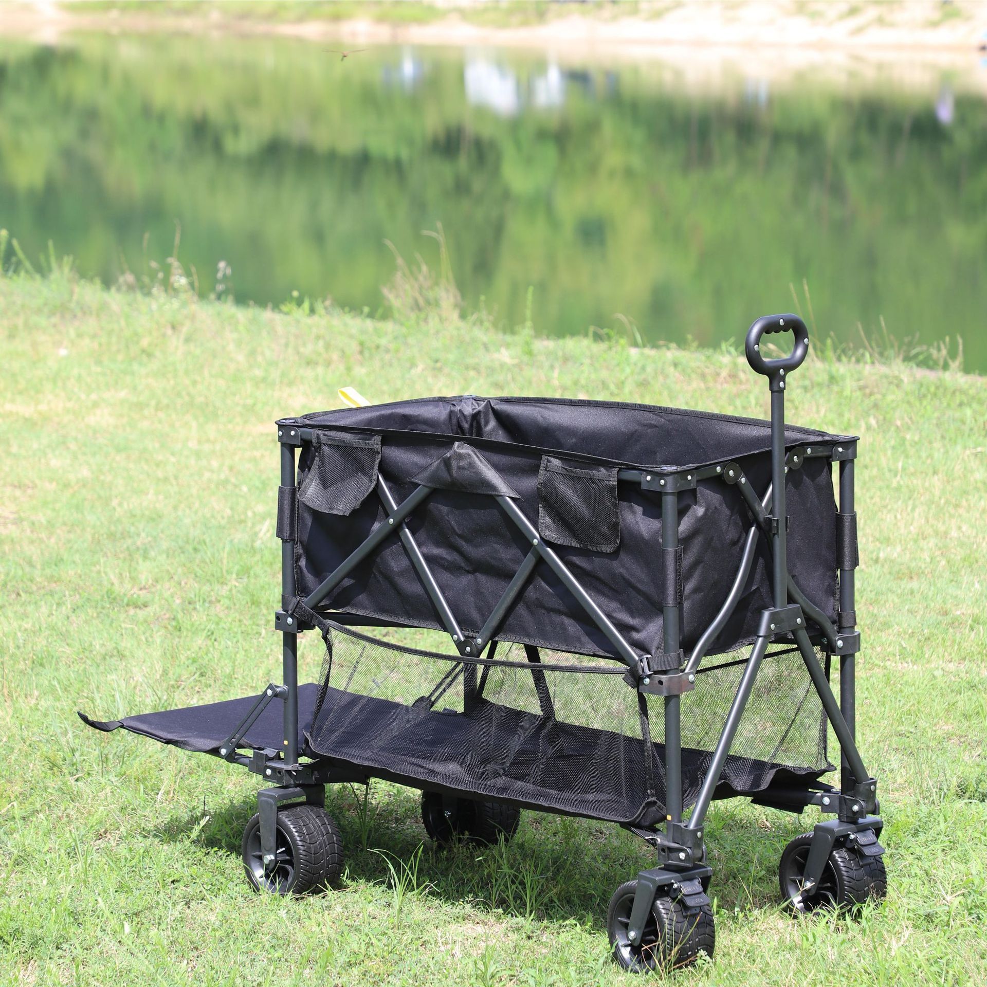 Tongshunfa Outdoor Garden Multifunctional Folding Camping Cart Double-deck Portable Beach Trolley Cart Camping Folding Wagon