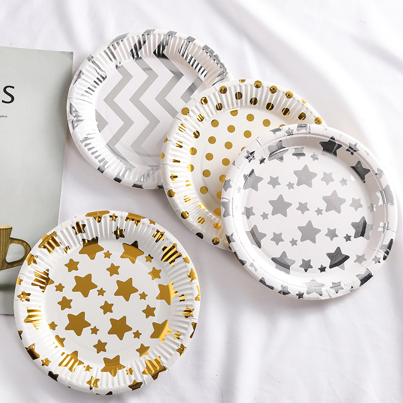 Cake Paper Plate Party Set 7-inch Plate Disposable Hot Stamping Five-pointed Star Hot Stamping Dot Wave Birthday Opp Bag SD D014