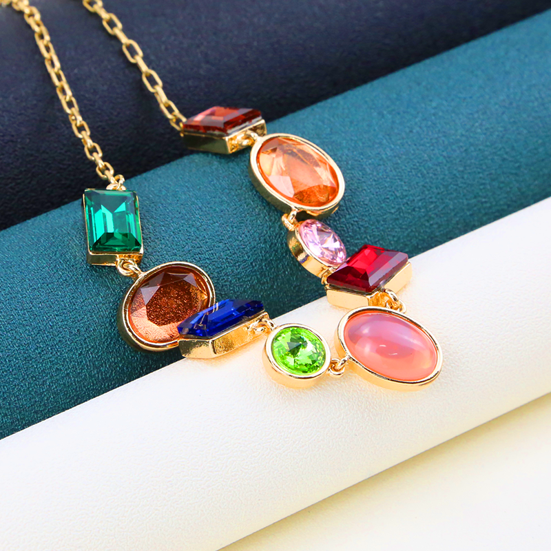 Stainless Steel Gold Plated Colorful Stone Choker Charm Necklace Party Jewelry For Women