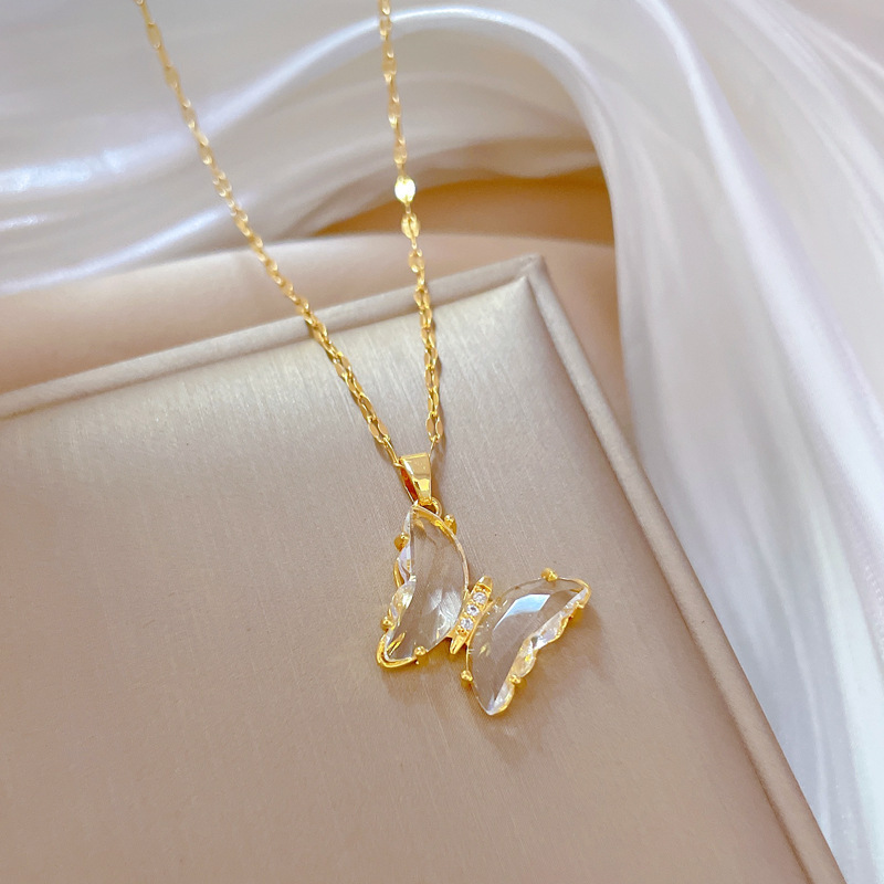 Wholesale Fashion Gold Plated Stainless Steel Inlaid Zircon Butterfly Pendant Necklace Jewelry For Women