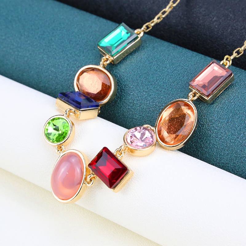 Stainless Steel Gold Plated Colorful Stone Choker Charm Necklace Party Jewelry For Women