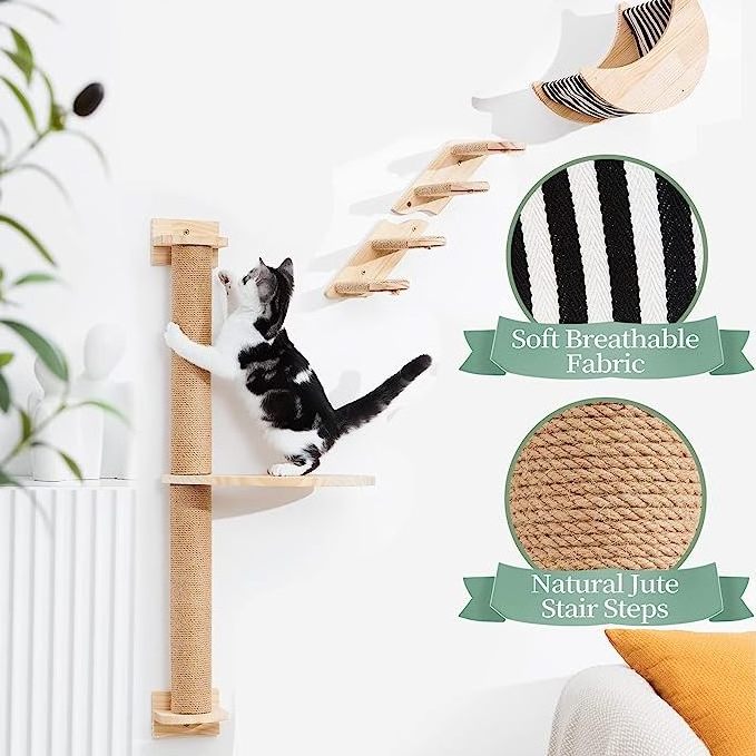 Wall Mounted Moon Hammock Solid Wood Stairs Cat Furniture Floating Climber Toy Hanging Holder Steps for Indoor Cats