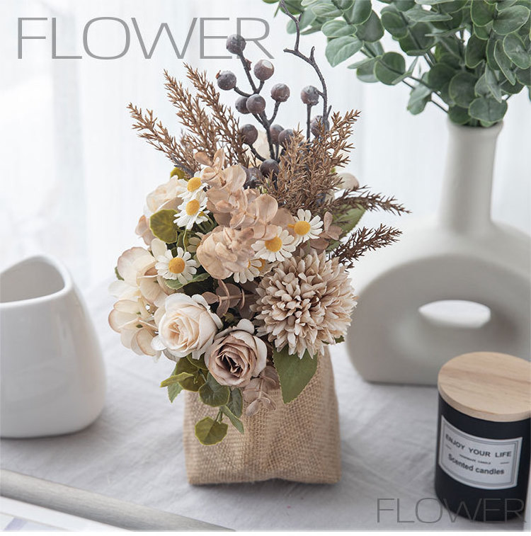 artificial fake flower style Popular home decoration flower rose hydrangea dandelion combination silk artificial flowers bouquet