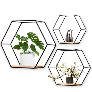 Nordic Ins Metal Wall Mounted Hexagonal house Floating Shelves with Wood Partition wall Storage rack Living Room Decoration