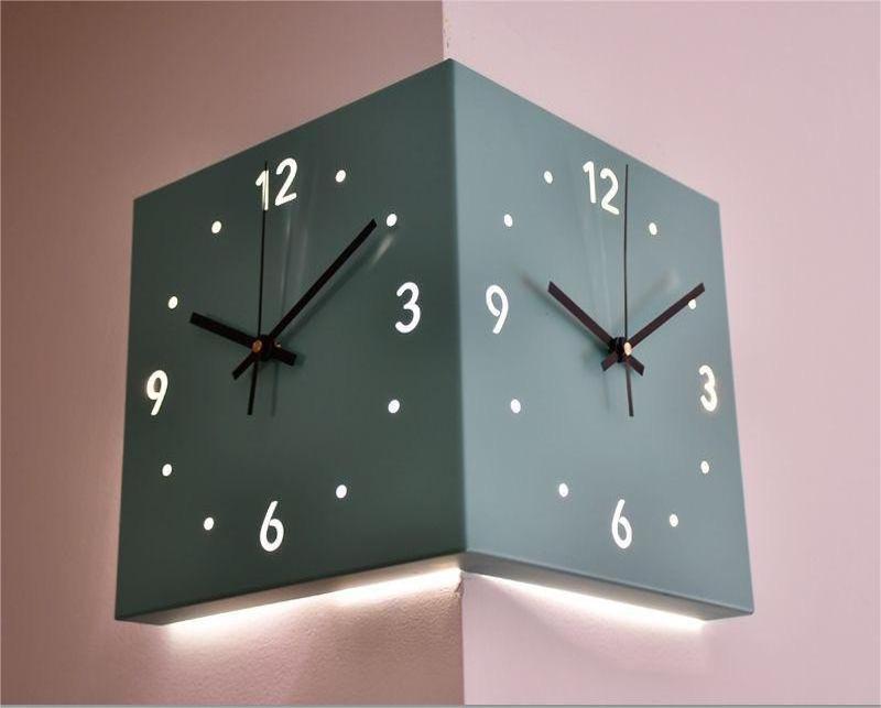 Modern luminous Corner Wall Clock Square Livingroom Decoration Simple Double Sided Clock Induction luminous Corner Wall Clock