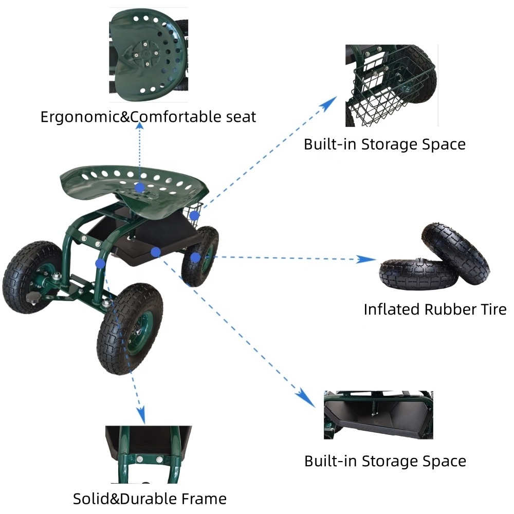 Rolling Garden Cart with Work Seat And Steering Handle Versatile Mobile Cart Rolling Garden Seat