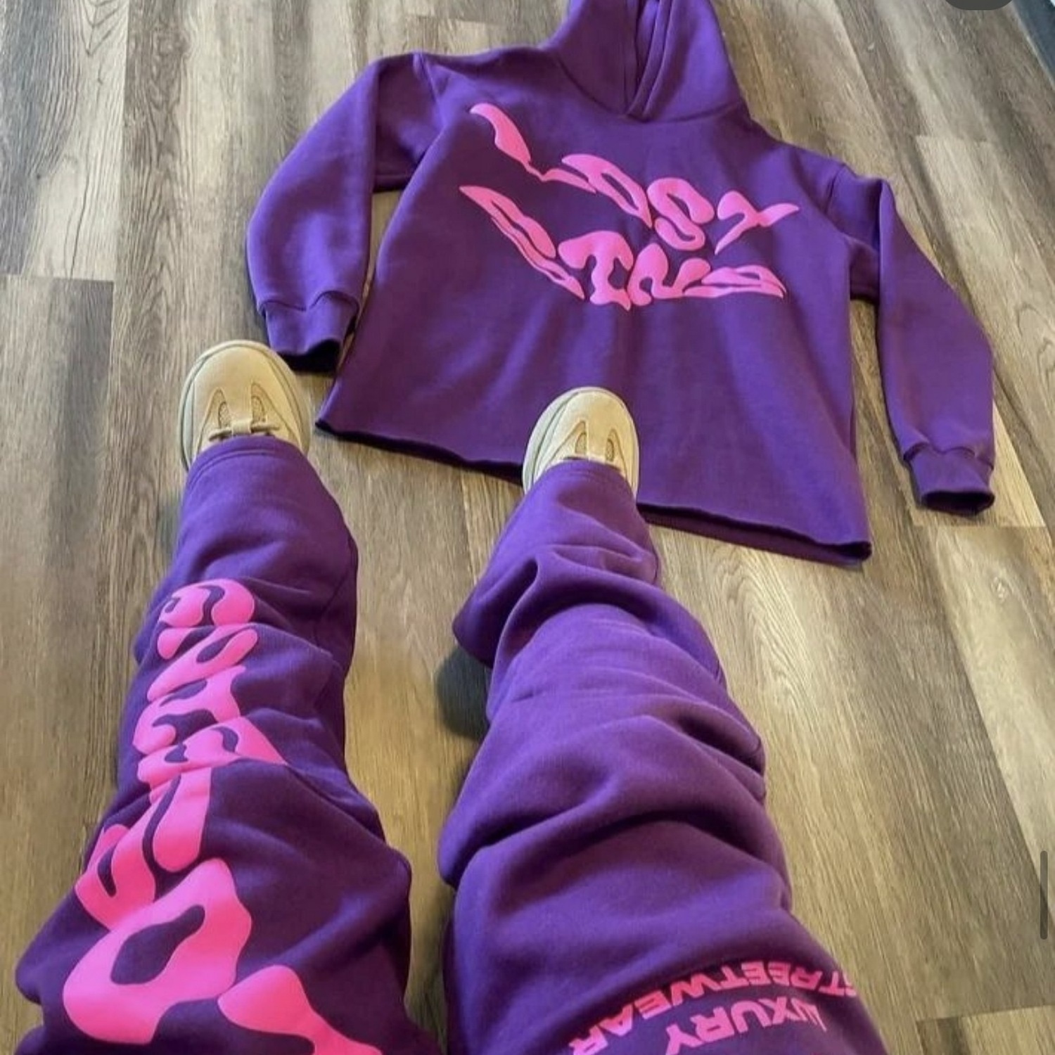 OEM Custom Sweatsuits 3d Puff Printing Pants And Hoodies Set No String Oversized Unisex Puff Printing Hoodie