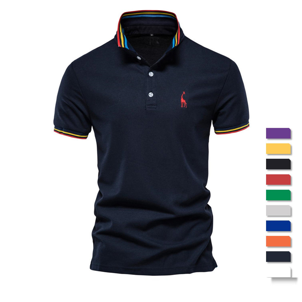 Custom Logo Design Solid Giraffe Embroidery Short Sleeve Fashion Stand Collar Men Polo Shirts