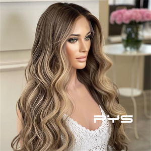 European Hair Double Drawn Wave Blonde Brown Highlight Cuticle Aligned Human Hair Lace Front Wigs