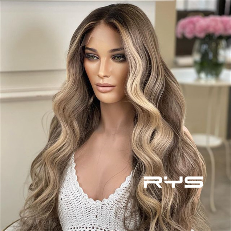 European Hair Double Drawn Wave Blonde Brown Highlight Cuticle Aligned Human Hair Lace Front Wigs