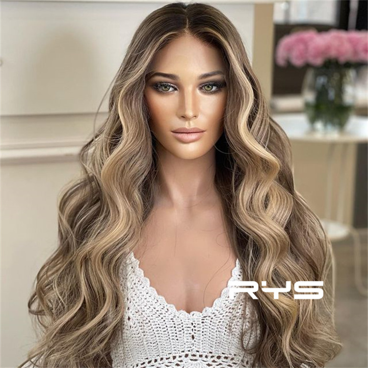 European Hair Double Drawn Wave Blonde Brown Highlight Cuticle Aligned Human Hair Lace Front Wigs