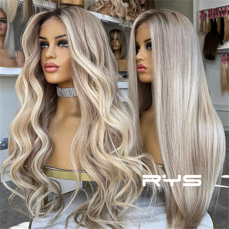 Luxury Balayage Highlight Full Lace Wigs Light Ash Platinum Blonde 100% Human Hair Lace Front Glueless Wig HD Wavy