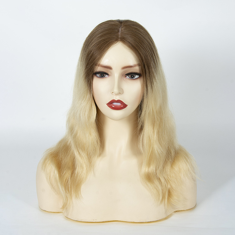 Ombre Blonde Glueless Wig Silk Top Hand tied Wavy Platinum European Human Hair Silk Base Medical Wigs