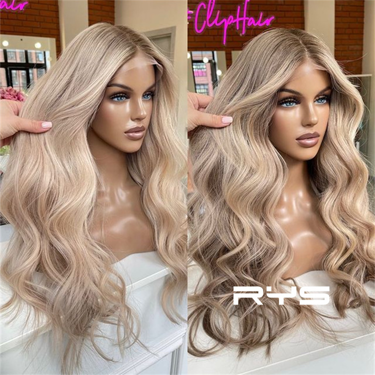 Luxury Balayage Highlight Full Lace Wigs Light Ash Platinum Blonde 100% Human Hair Lace Front Glueless Wig HD Wavy