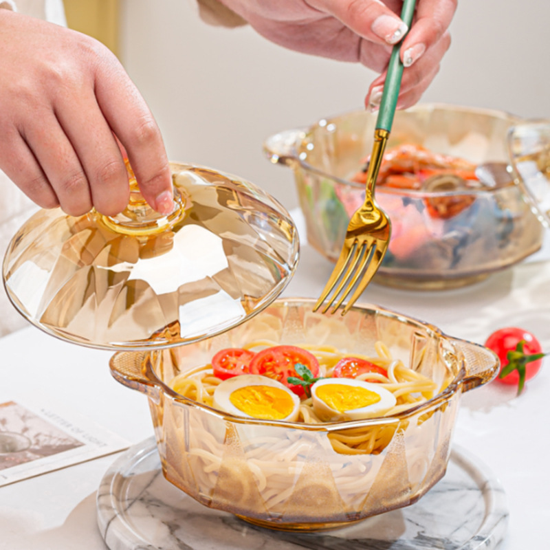 Diamond Pot, Amber Crystal Glass Pot with Lid, Instant Noodle Bowl, Salad Bowl with Lid, Two Ear Pot