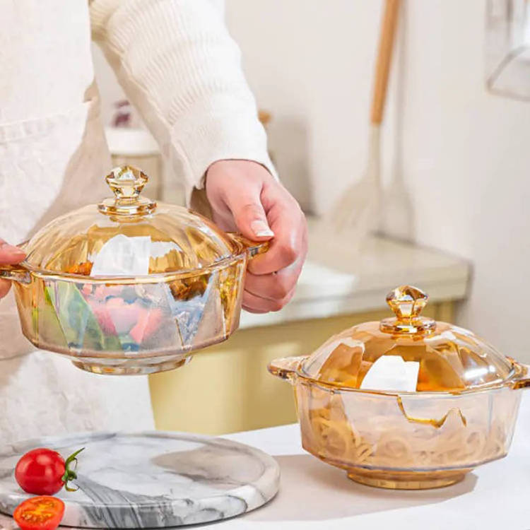 Diamond Pot, Amber Crystal Glass Pot with Lid, Instant Noodle Bowl, Salad Bowl with Lid, Two Ear Pot