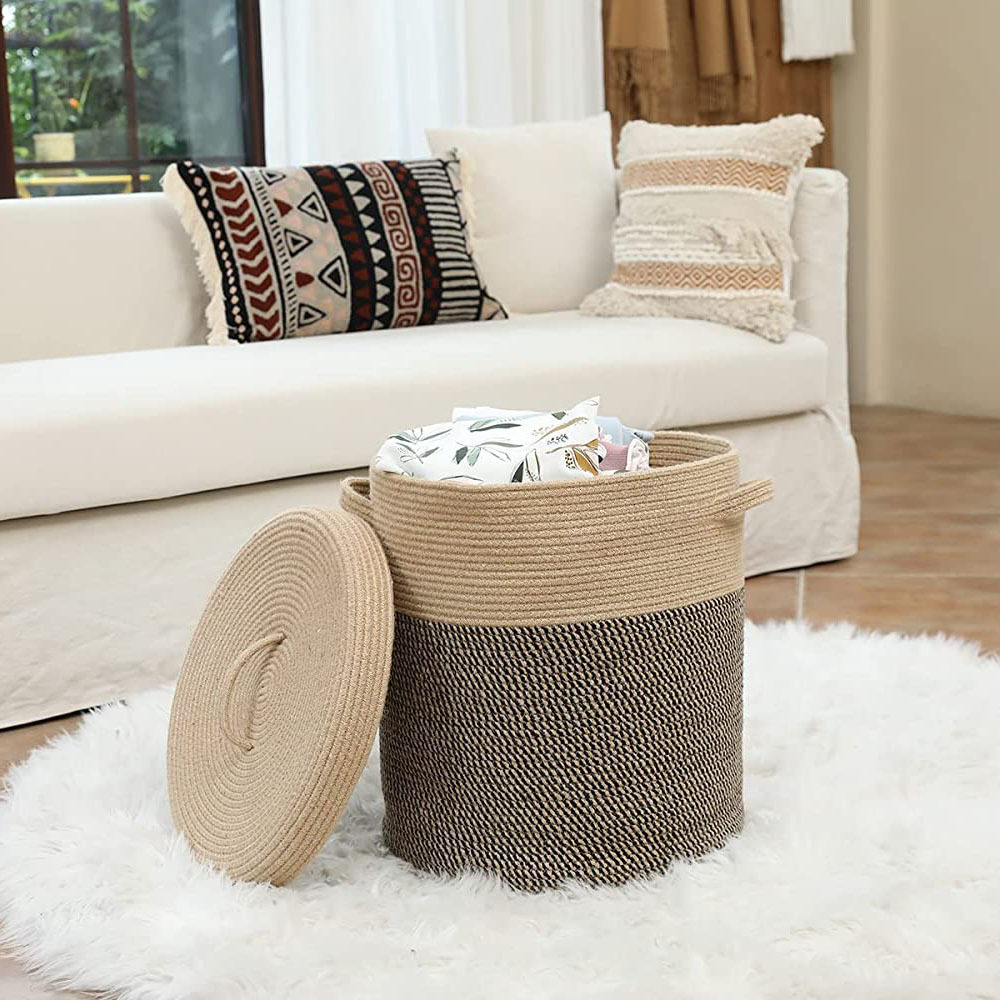 Large Cotton Rope Woven Laundry Basket Decorative Basket For Blankets Clothes Toys Pillows Towels Baby Nursery Basket With Lid