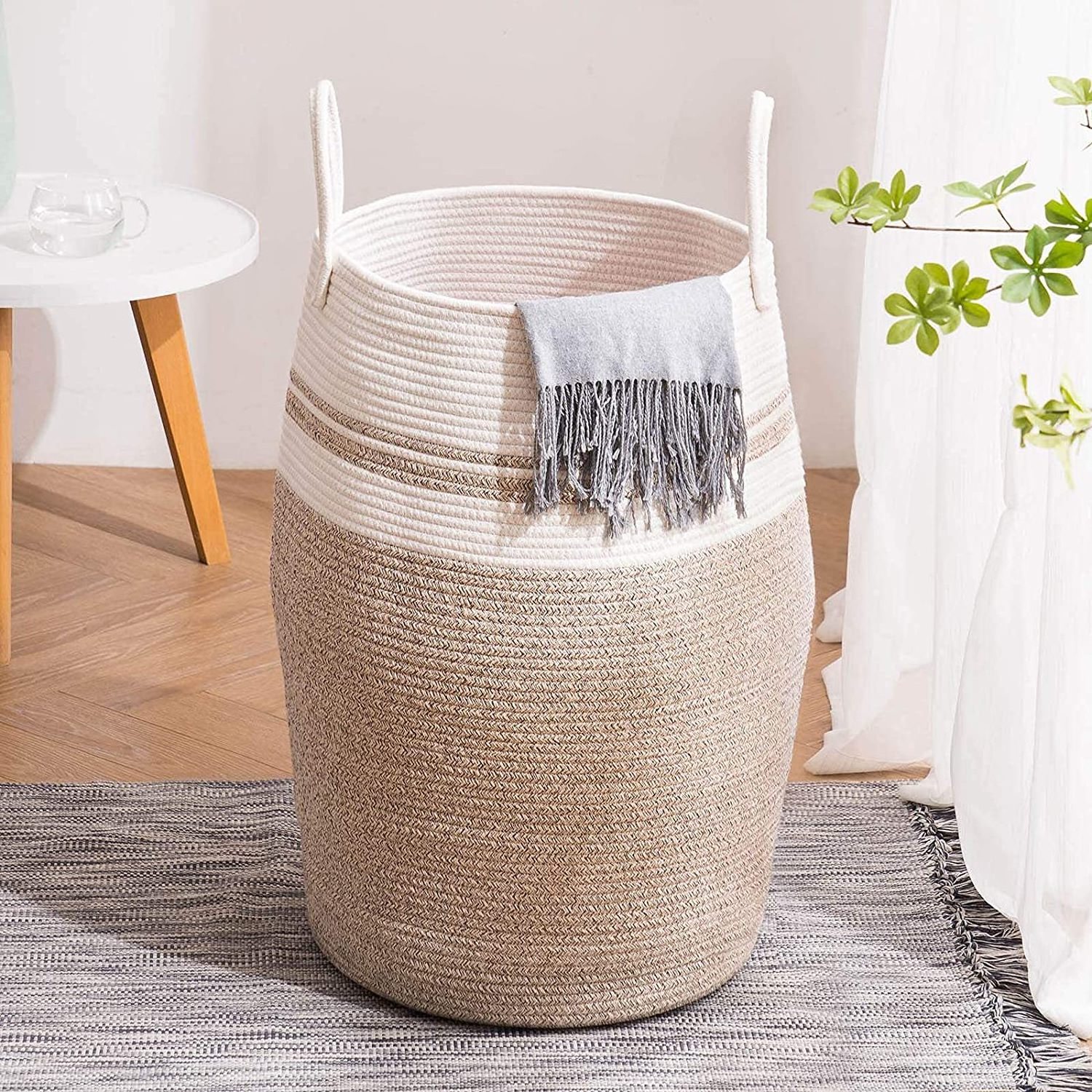 Laundry Basket Woven Cotton Rope Storage Basket Dirty Clothes Hamper Tall Blanket Basket Laundry Bin Large Toy Storage