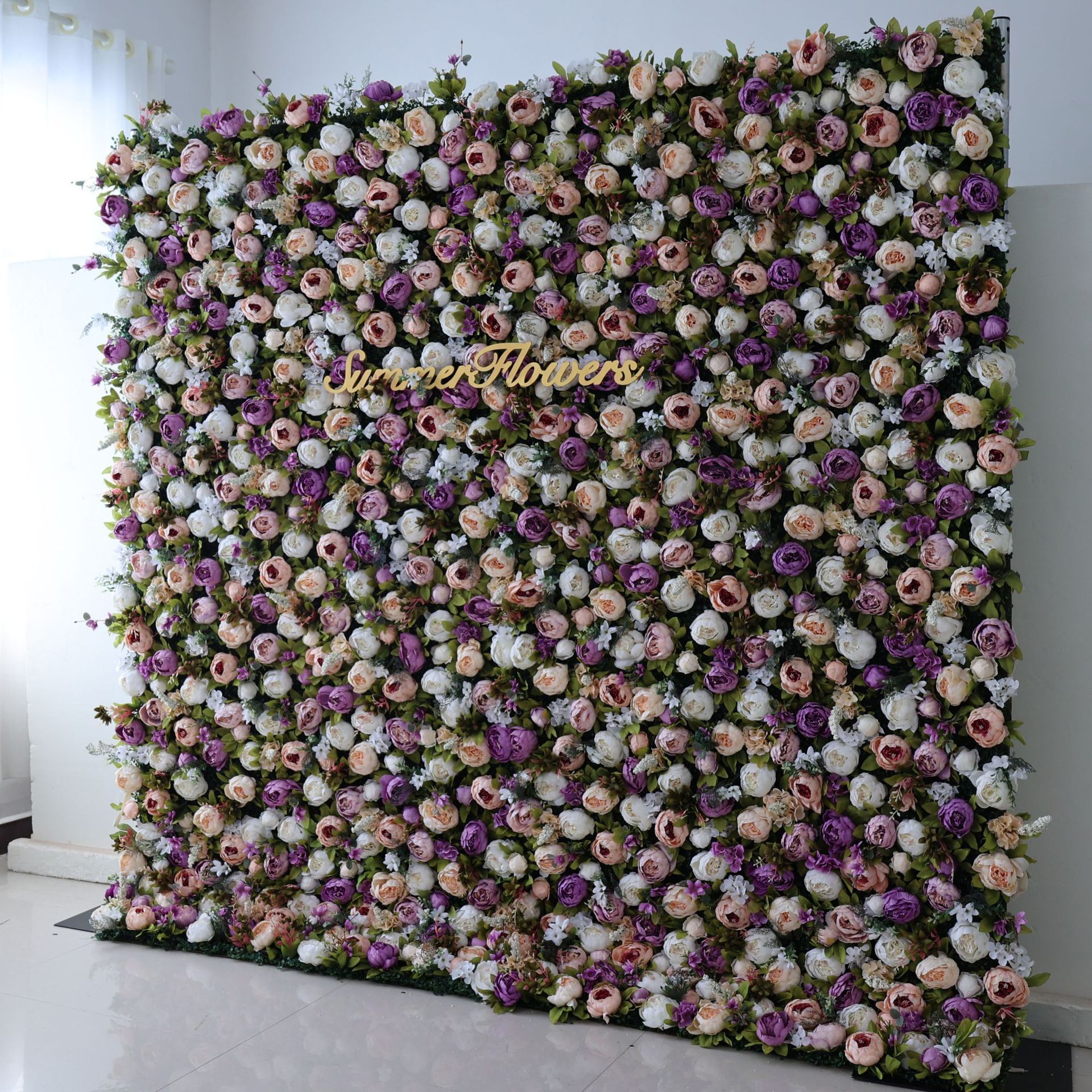 Customized Purple Rose Wedding Decor 3D Roll-Up Artificial Silk Cloth Flower Wall PanelBackdrop Customized Wedding Backdrop