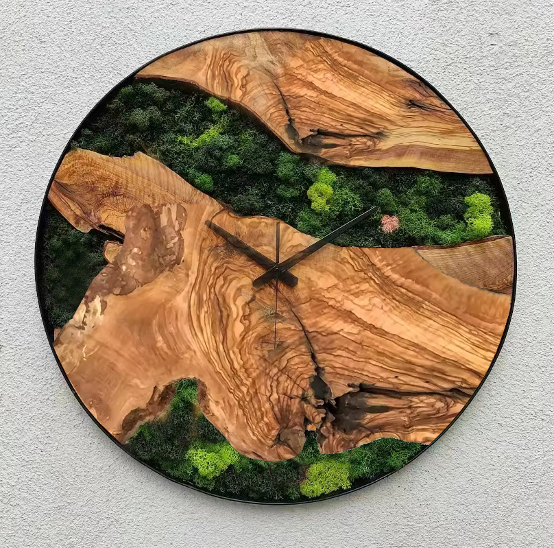 Customized ready made moss wall frame decor with wood timepiece mirror preserved moss panel stabilized moss art wall