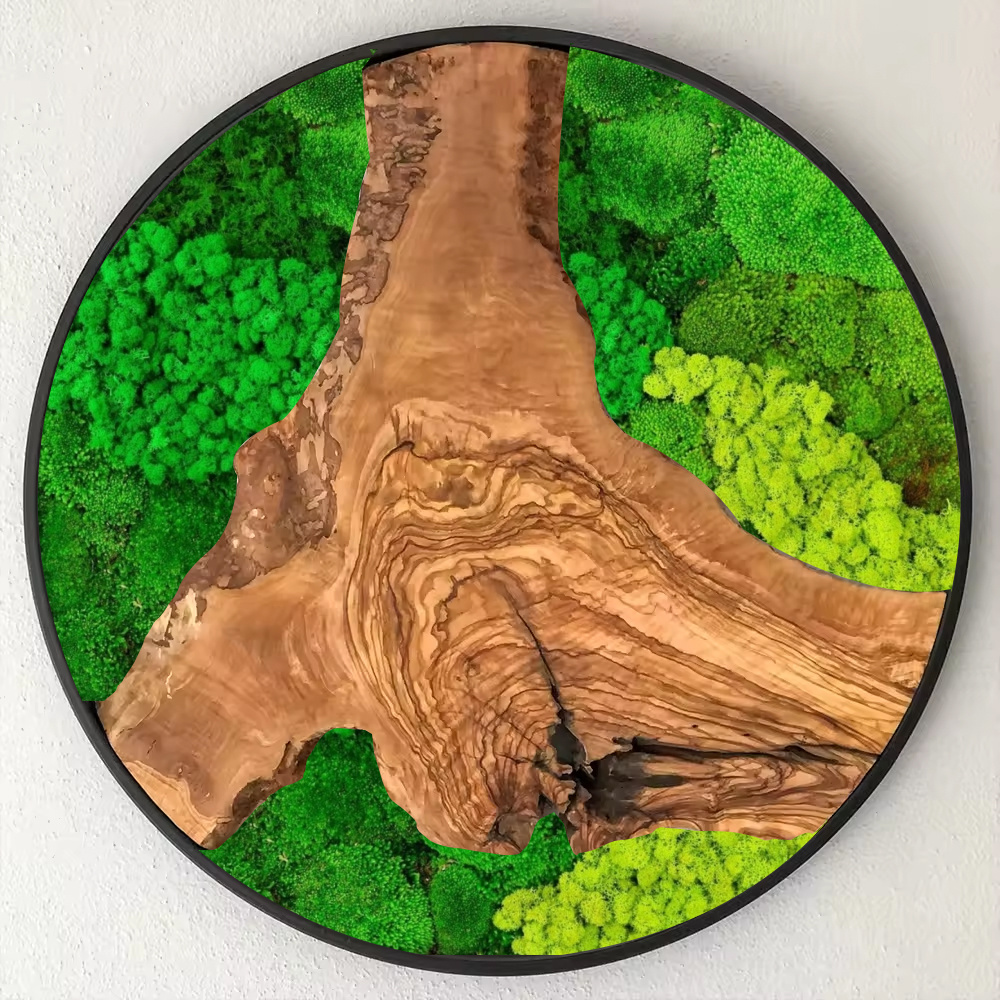 Customized ready made moss wall frame decor with wood timepiece mirror preserved moss panel stabilized moss art wall